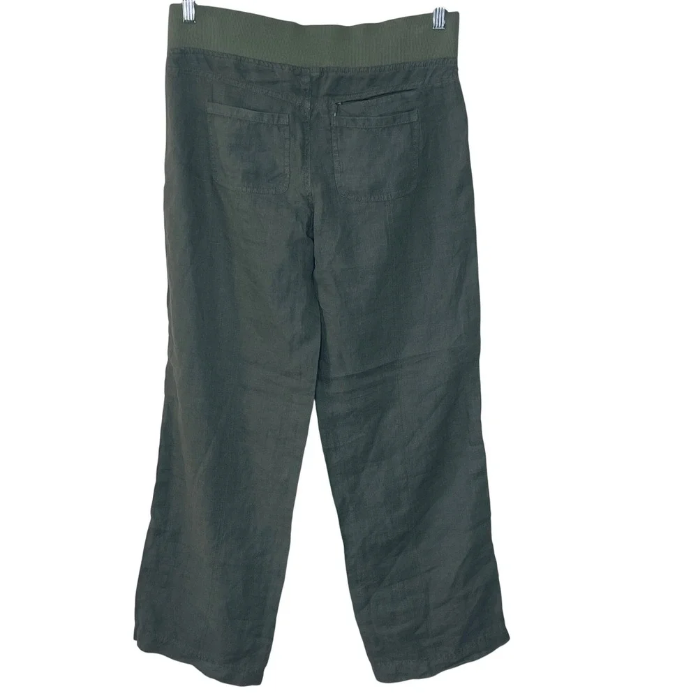 Athleta  Olive Green Linen Blend  Wide Leg ‎ Elastic Waist Drawstring Pants